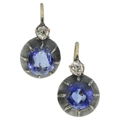 Antique Natural Ceylon Sapphire and Diamond Earrings