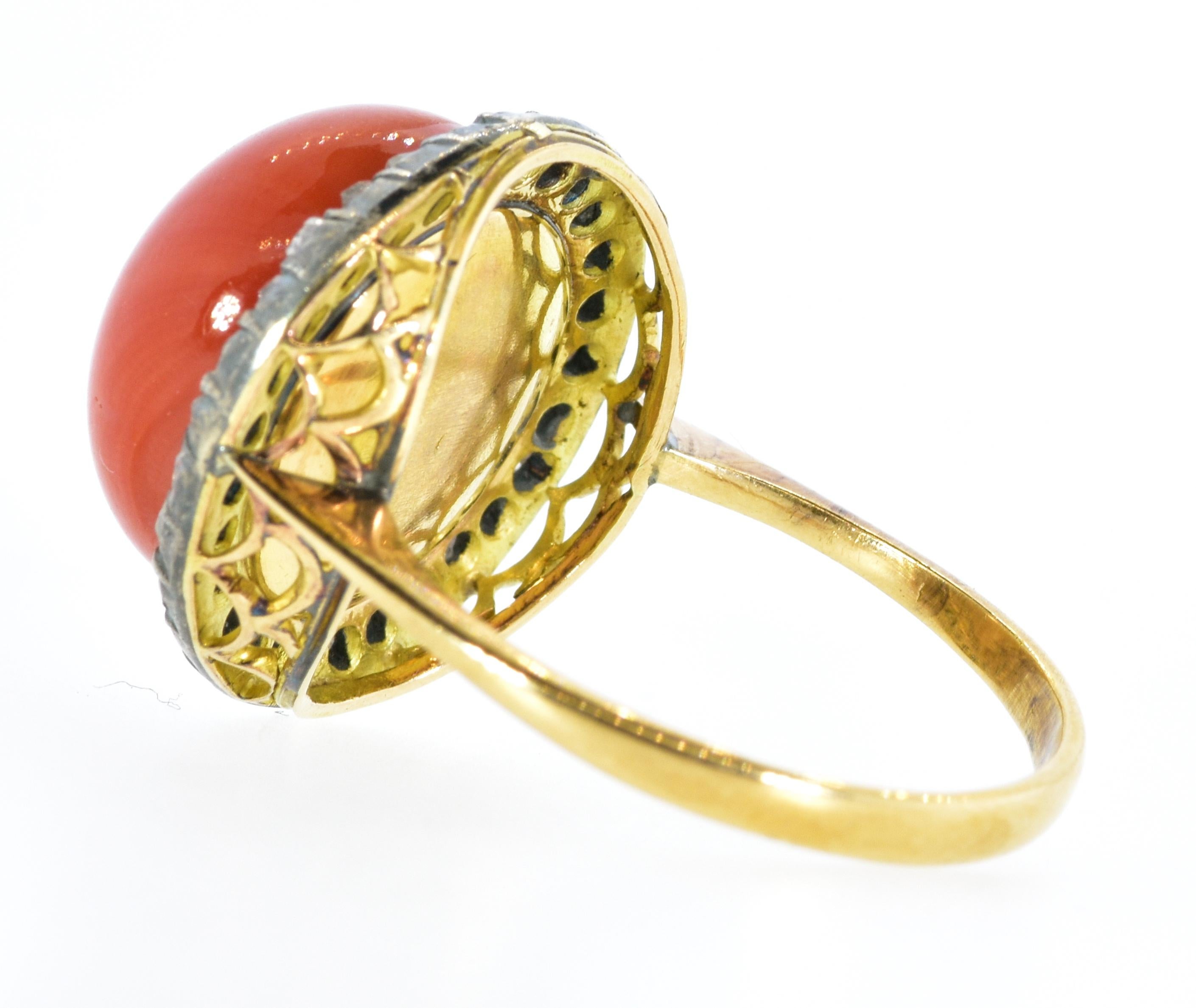 Women's or Men's Antique Natural Coral and Diamond Ring, circa 1870