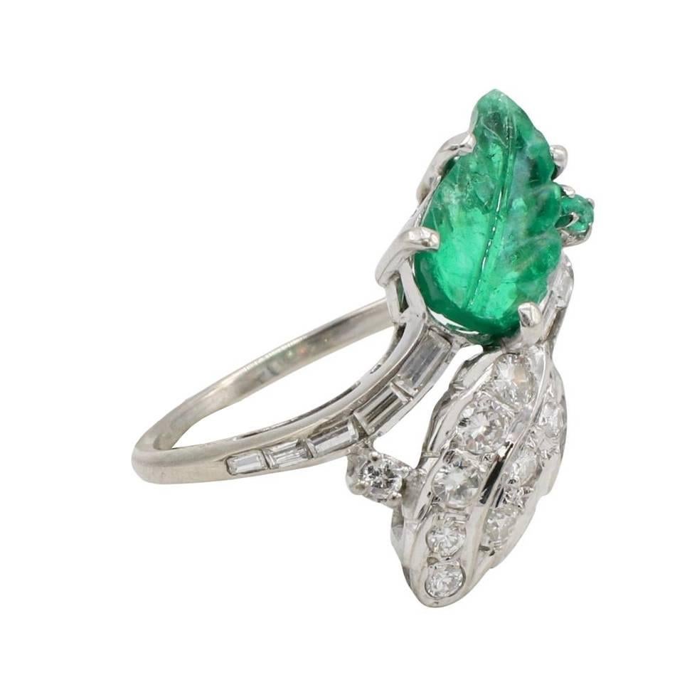 Antique Natural Diamond & Carved Emerald Bypass Tutti Frutti Cocktail Leaf Ring 
Metal:  14k white gold
Weight: 2.94 grams
Diamonds: Natural baguette & round diamonds approx. .40 CTW G VS
Top: 16 x 19mm
Size: 5.5 (US)
