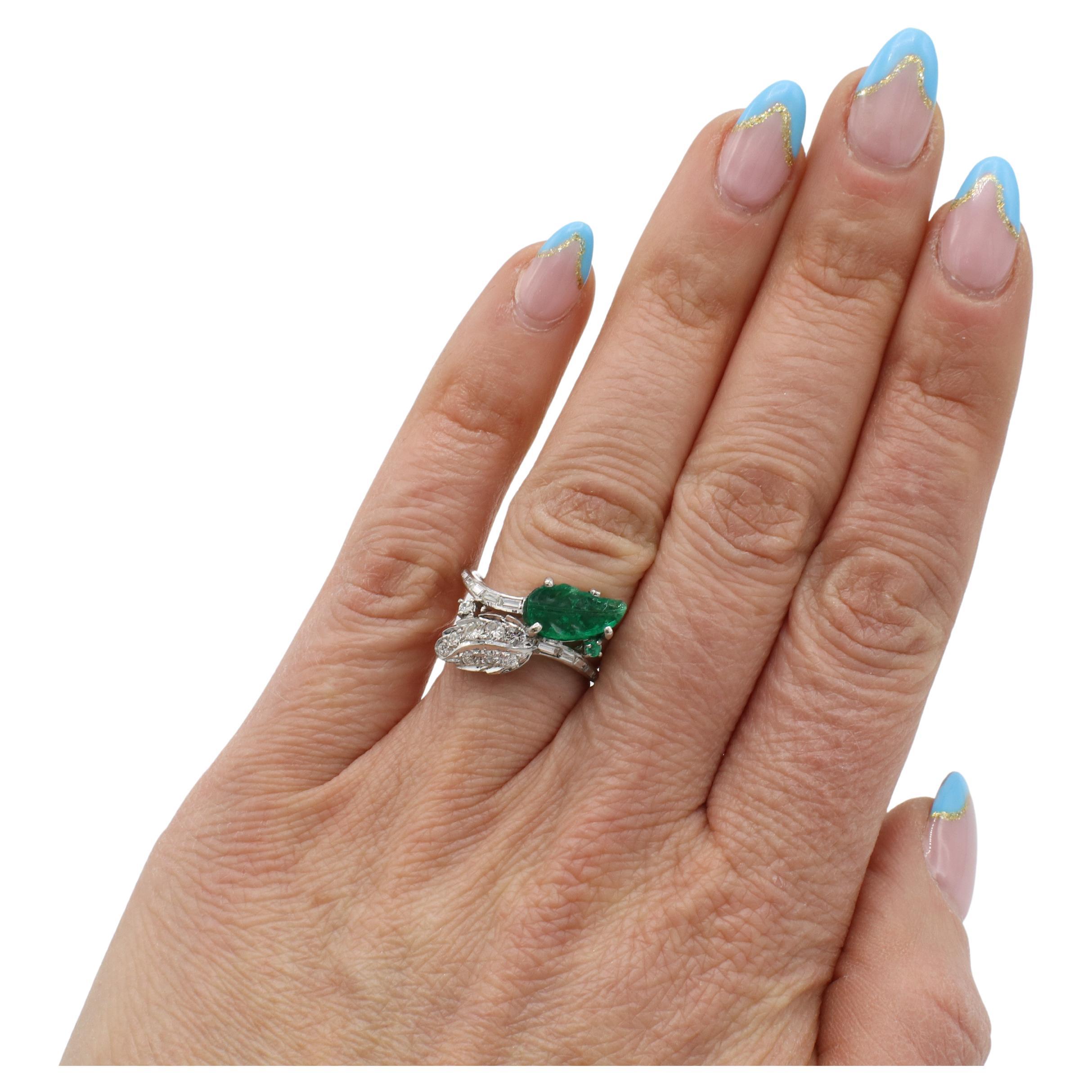 Round Cut Antique Natural Diamond & Carved Emerald Bypass Tutti Frutti Leaf Cocktail Ring