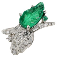 Antique Natural Diamond & Carved Emerald Bypass Tutti Frutti Leaf Cocktail Ring