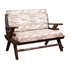 Antique Natural Edge Settee with Custom Upholstery and Rustic Character