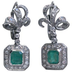 Antique Natural Emerald and Diamond Dangle Earrings in Platinum, 2.46 Carat