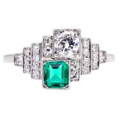 Antique Natural Emerald Diamond Art Deco Style Cocktail Ring and Engagement Ring