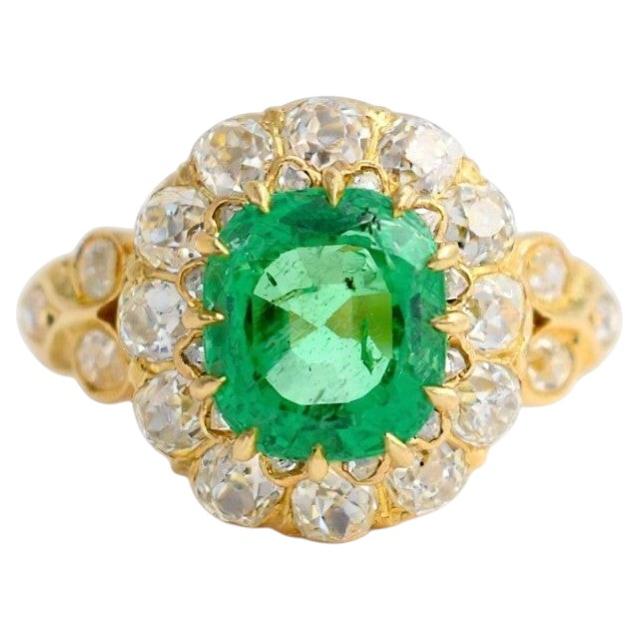 Antique Natural Emerald & Diamond Double Halo Cocktail Ring — Victorian Era