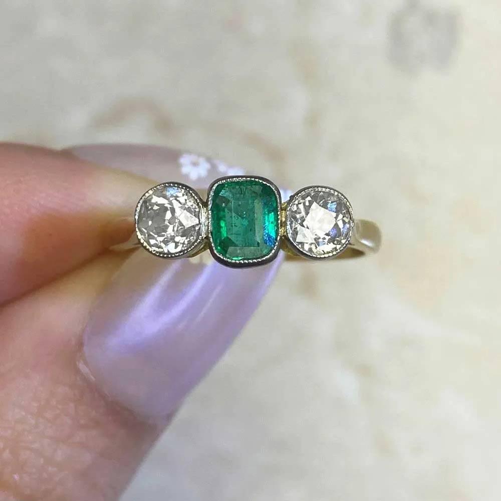 Antique Natural Emerald & Diamond Engagement Ring, 18k Yellow Gold & Platinum For Sale 4