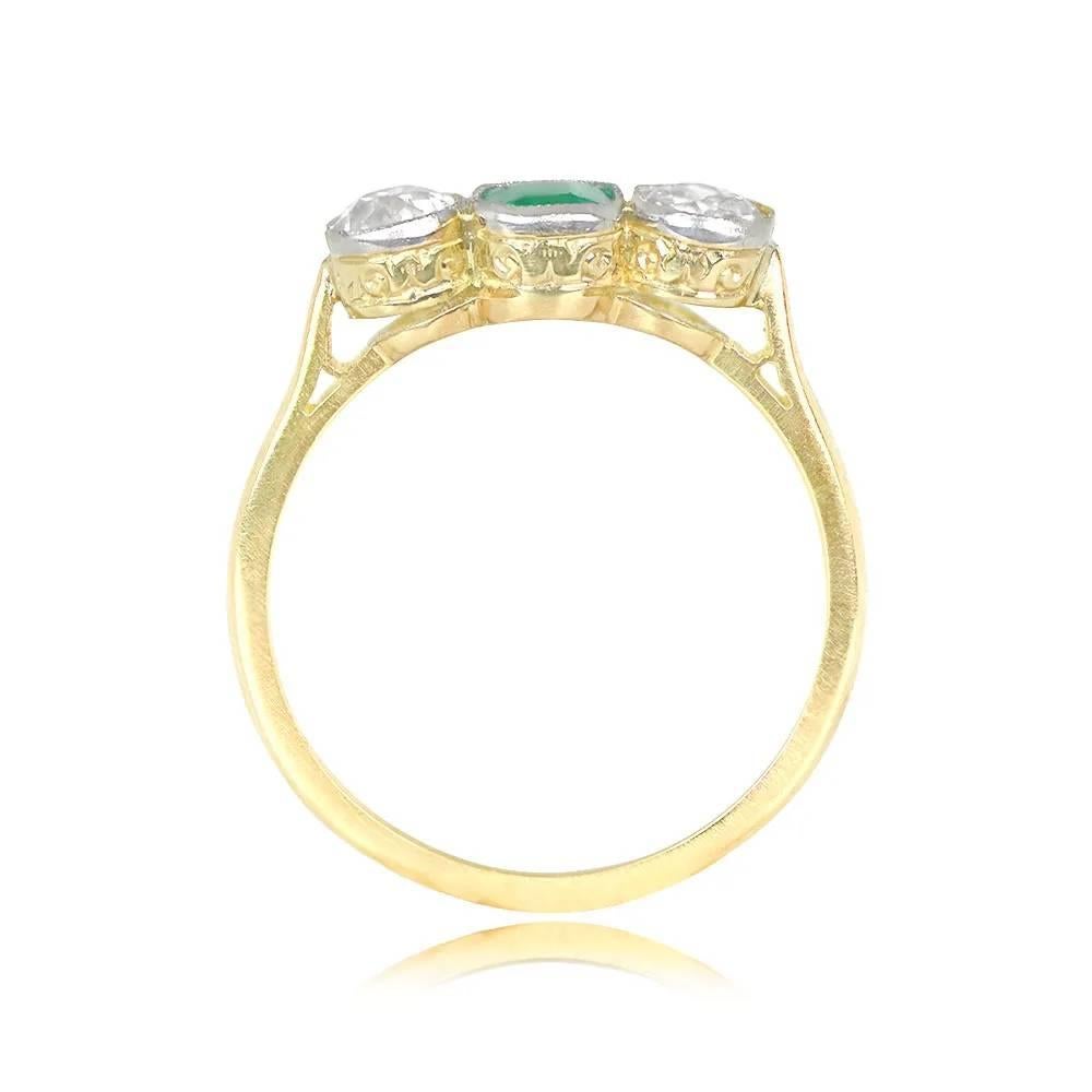 Cushion Cut Antique Natural Emerald & Diamond Engagement Ring, 18k Yellow Gold & Platinum For Sale