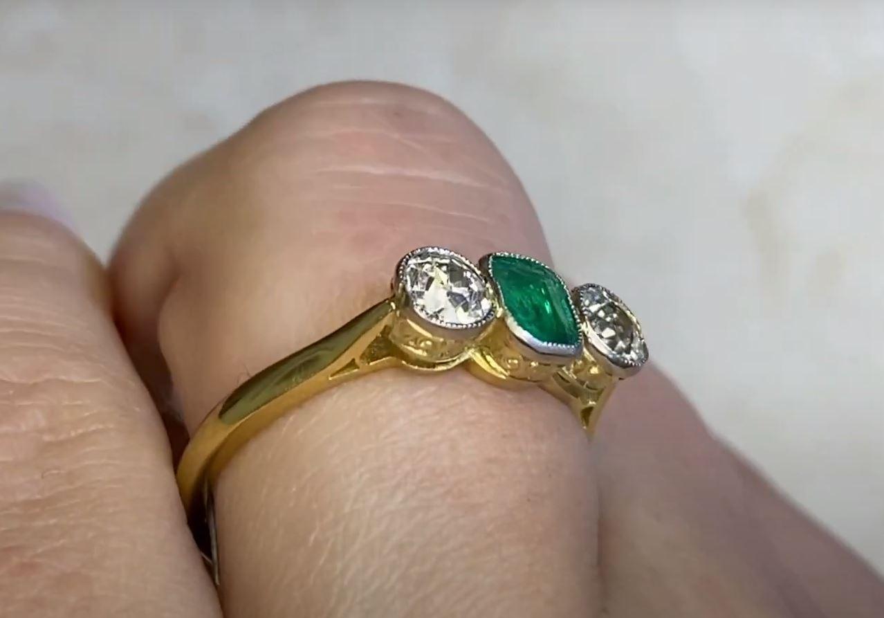 Women's Antique Natural Emerald & Diamond Engagement Ring, 18k Yellow Gold & Platinum For Sale