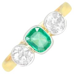 Antique Natural Emerald & Diamond Engagement Ring, 18k Yellow Gold & Platinum