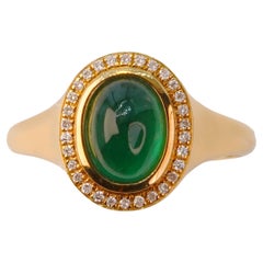 Antique Cabochon Cut Natural Emerald Diamond Engagement Ring, Cocktail Ring