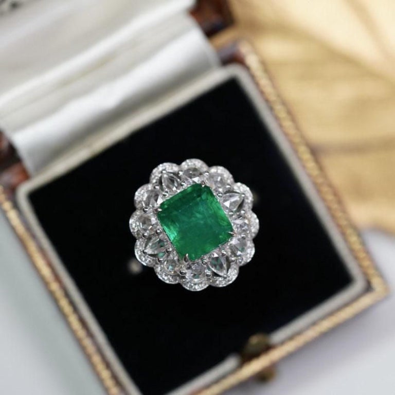 Customizable Antique Natural Emerald Engagement Ring, 18K White Gold