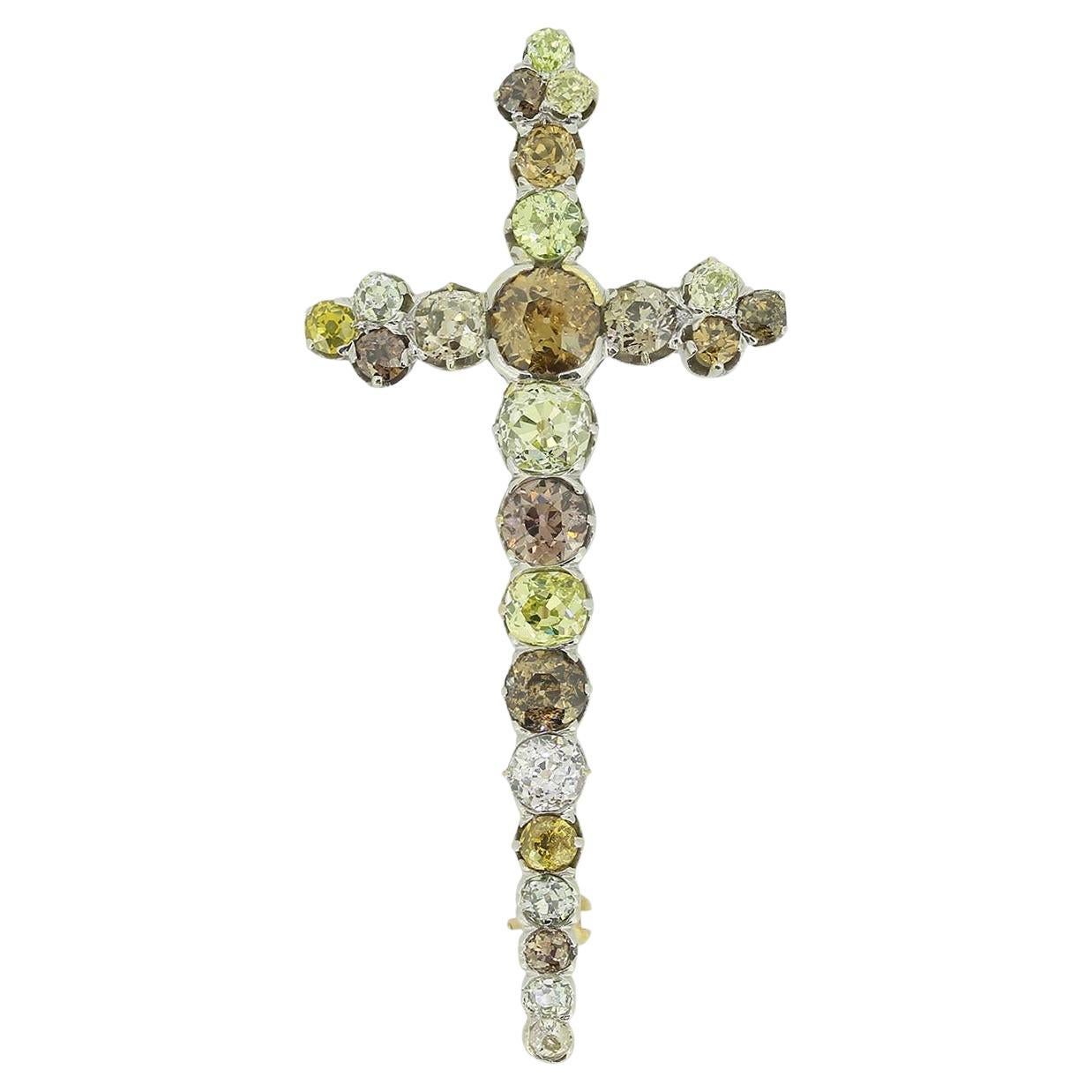 Antiguo Broche Cruz de Diamantes de Fantasía Natural Multicolor