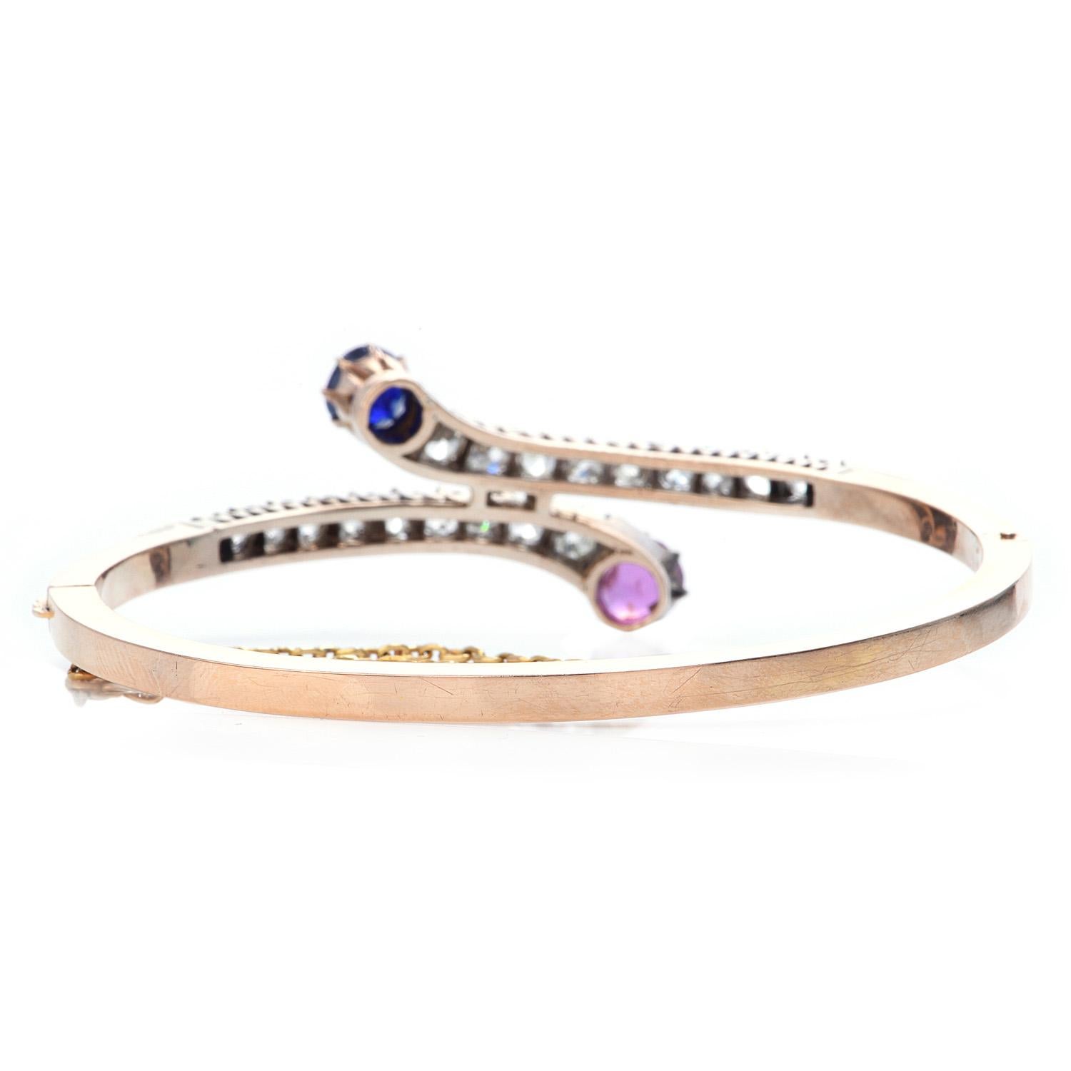 Antique Natural GIA Sapphire Diamond Ruby 18k Gold Bypass Bangle Bracelet In Excellent Condition In Miami, FL