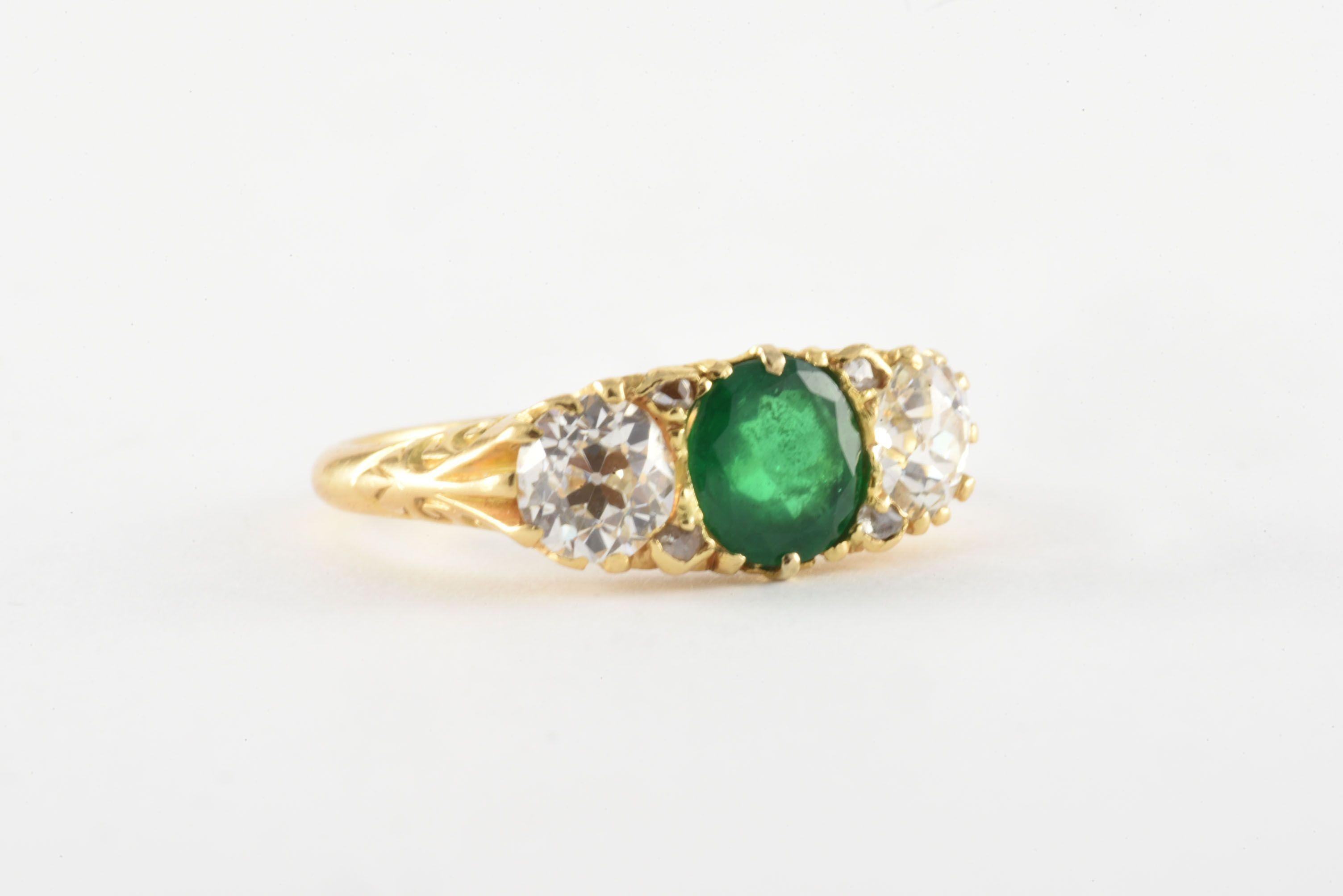 Late Victorian Antique Natural Green Emerald and Diamond Ring For Sale