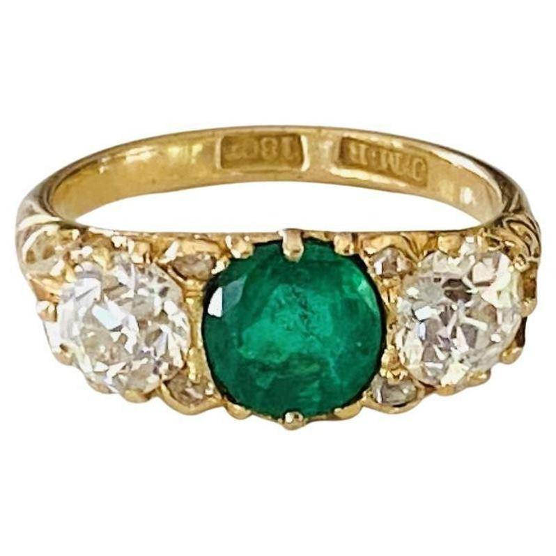 Antique Natural Green Emerald and Diamond Ring For Sale