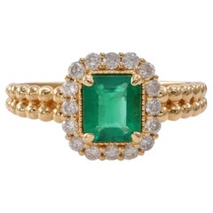 Antique Natural Halo Emerald Diamond Engagement Ring Minimal Eternity Gold Band