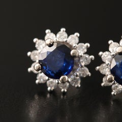 Antique Natural Halo Sapphire and Diamond Round Stud Earrings