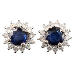 Antique Natural Halo Sapphire and Diamond Round Stud Earrings