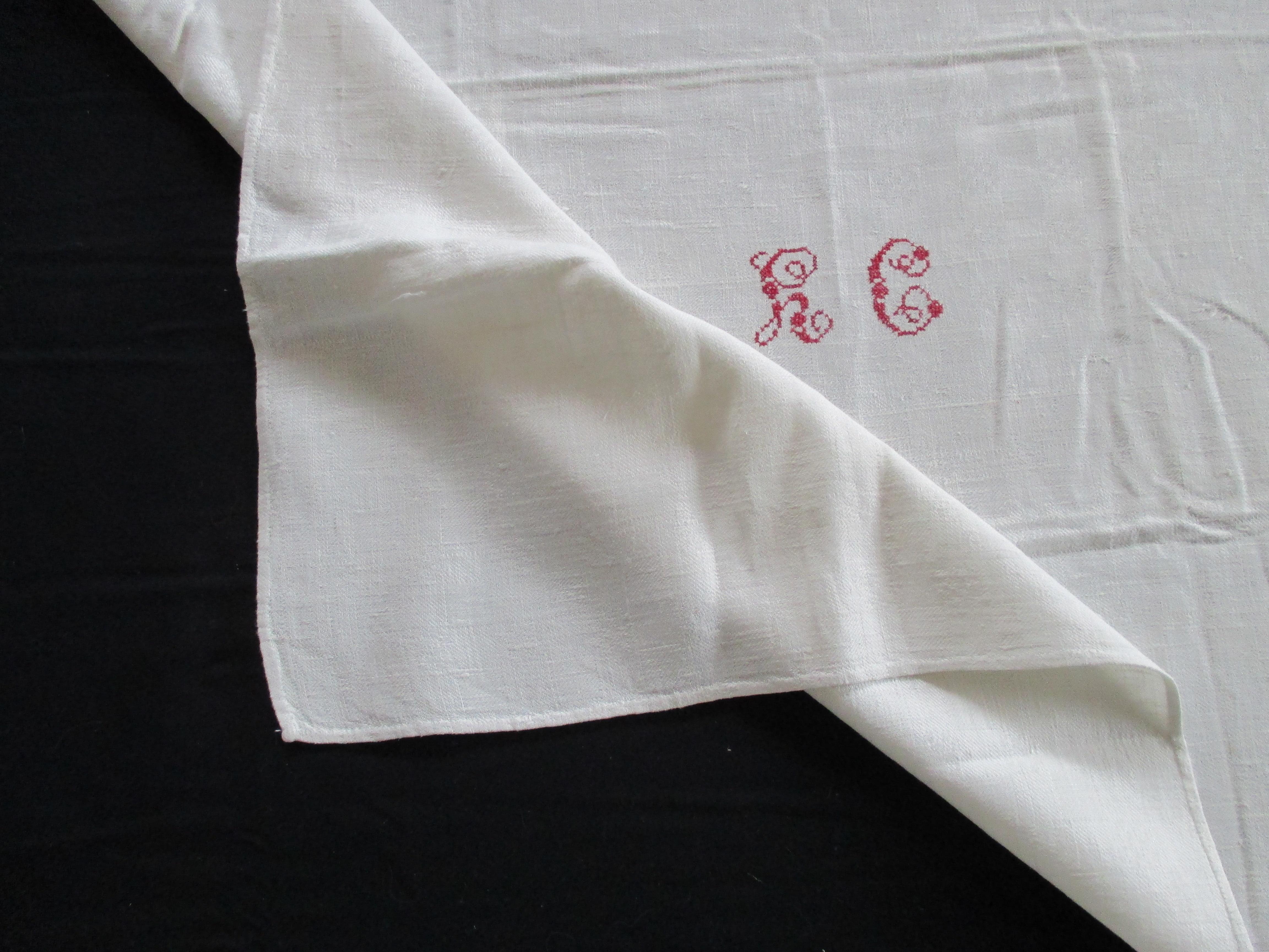 French Antique Natural Linen Embroidered Textile with Red Letters 