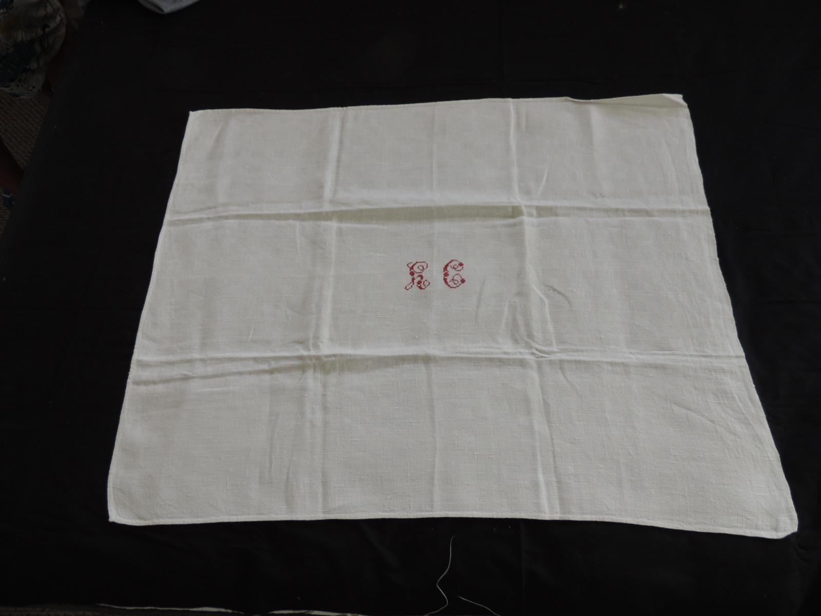 Hand-Crafted Antique Natural Linen Embroidered Textile with Red Letters 