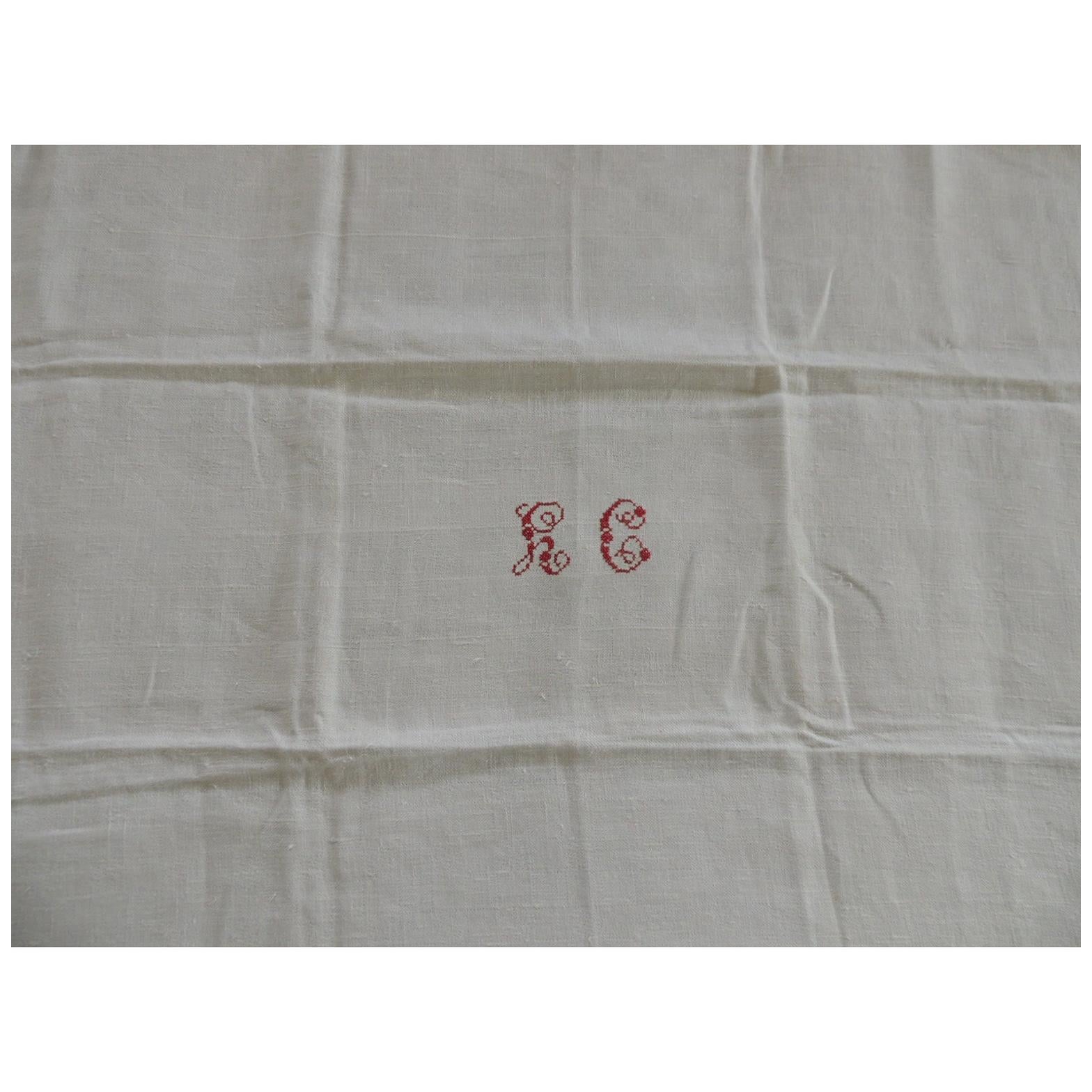 Antique Natural Linen Embroidered Textile with Red Letters "H" & "C"