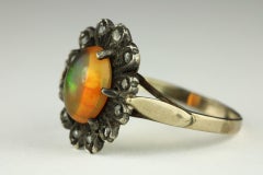 Antique Natural Mexican Fire Opal and Rose Cut Diamond Flower Ring