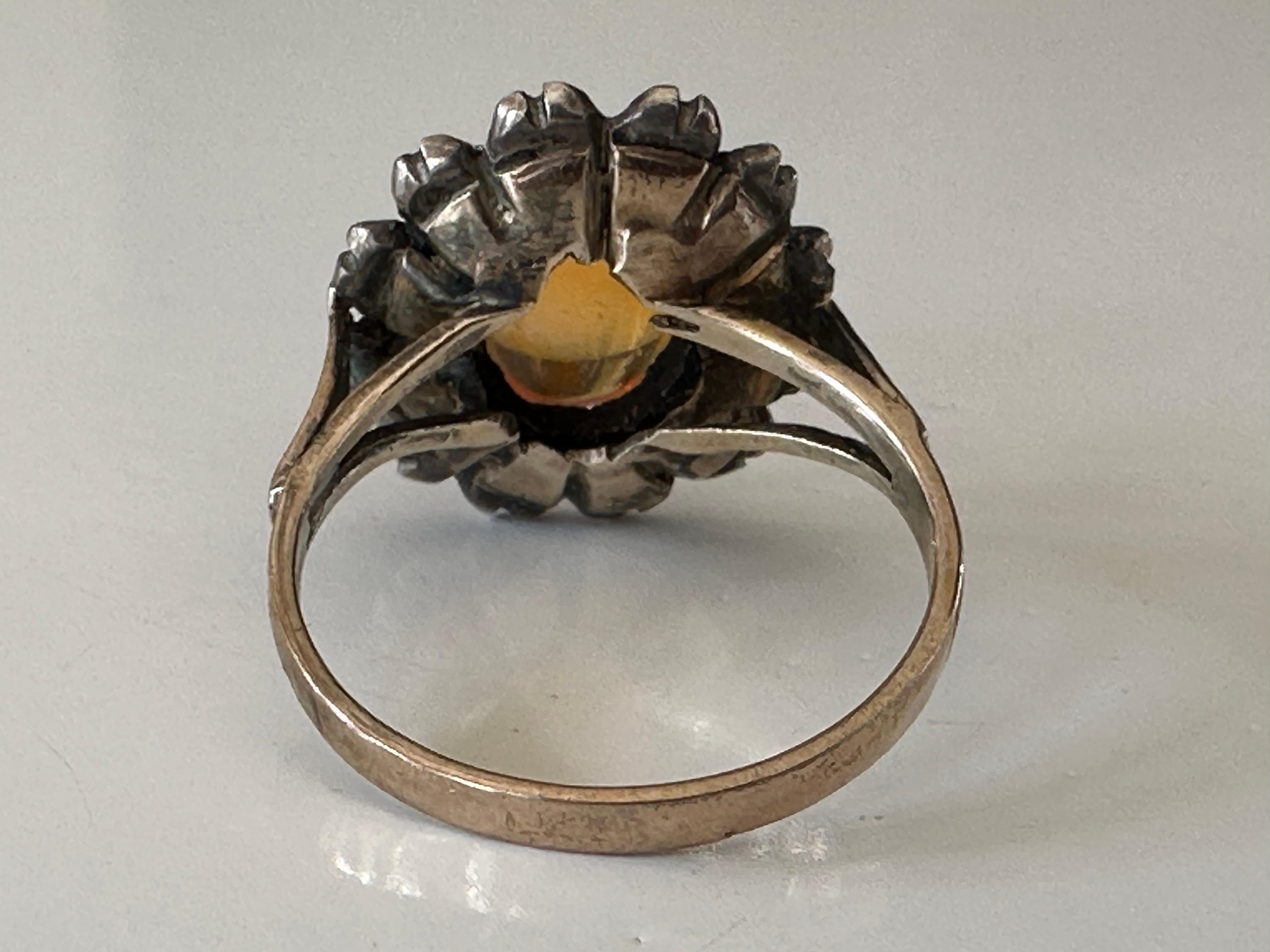 Edwardian Antique Natural Mexican Fire Opal and Rose Cut Diamond Flower Ring For Sale