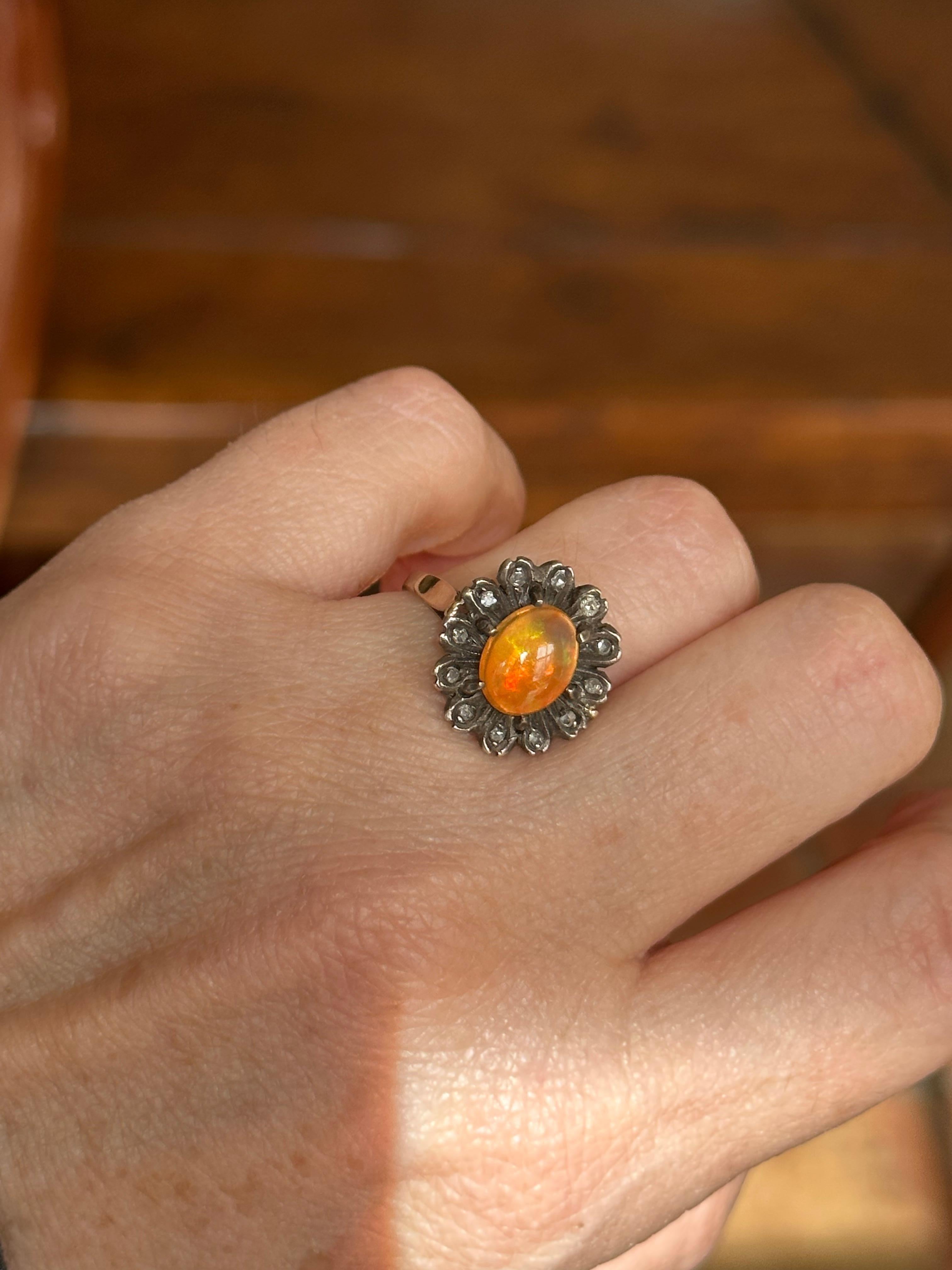 Women's Antique Natural Mexican Fire Opal and Rose Cut Diamond Flower Ring For Sale