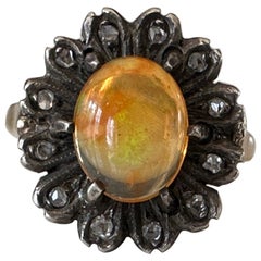 Antique Natural Mexican Fire Opal and Rose Cut Diamond Flower Ring
