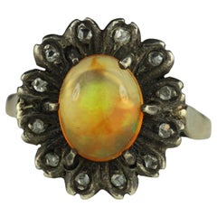 Antique Natural Mexican Fire Opal and Rose Cut Diamond Flower Ring