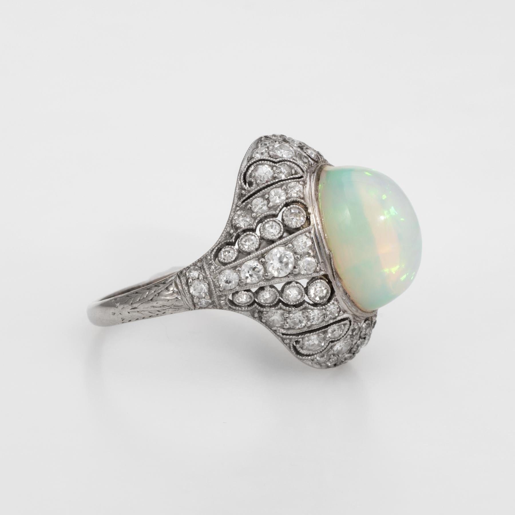 Oval Cut Antique Natural Opal Diamond Ring Art Deco Platinum Vintage Cocktail Ring