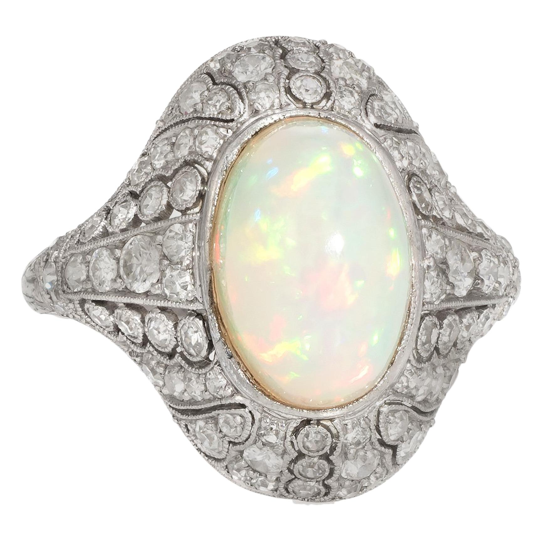 Antique Natural Opal Diamond Ring Art Deco Platinum Vintage Cocktail Ring