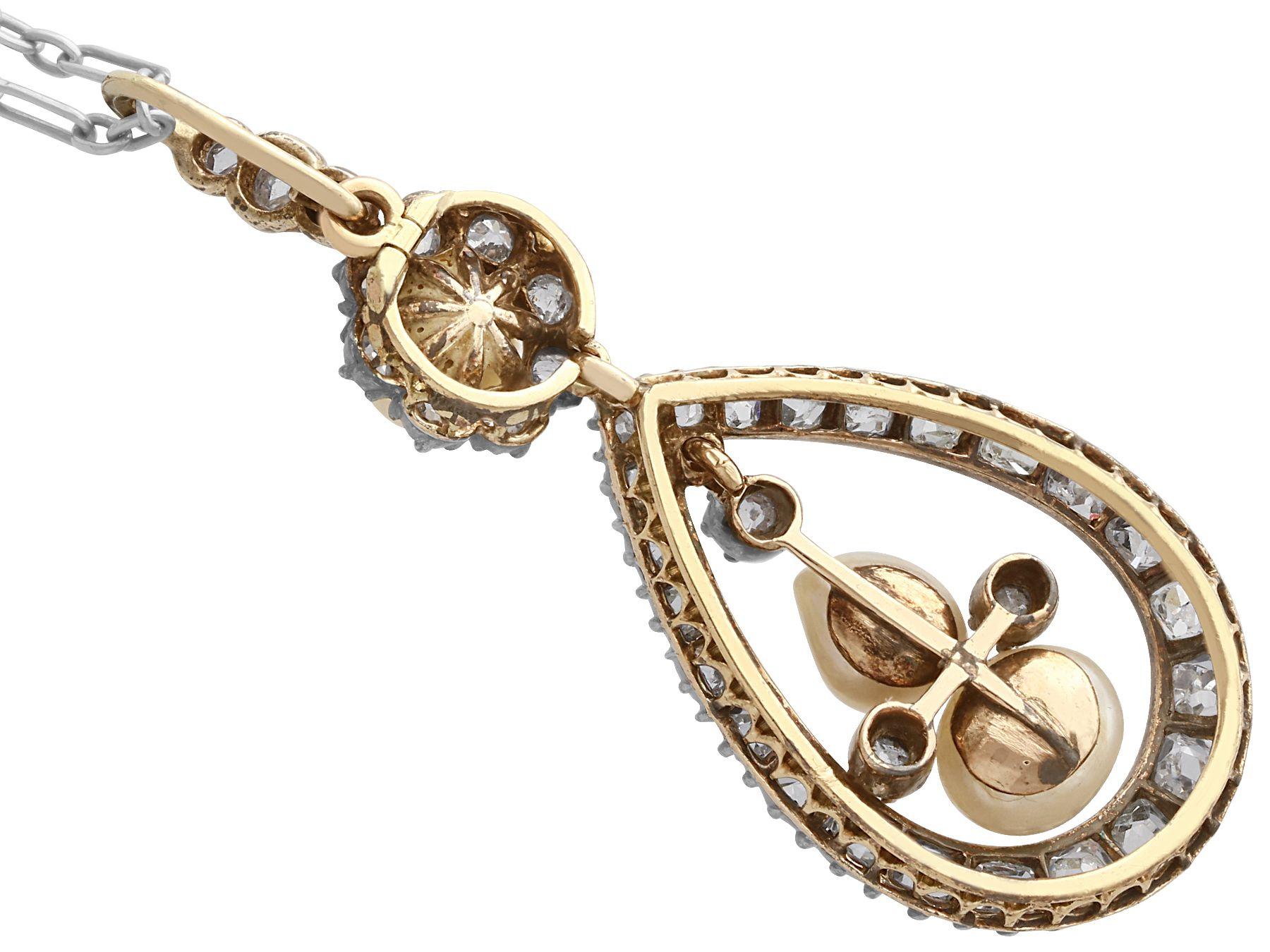 Old European Cut Antique Natural Pearl 1.42 Carat Diamond Yellow Gold Pendant, circa 1880 For Sale
