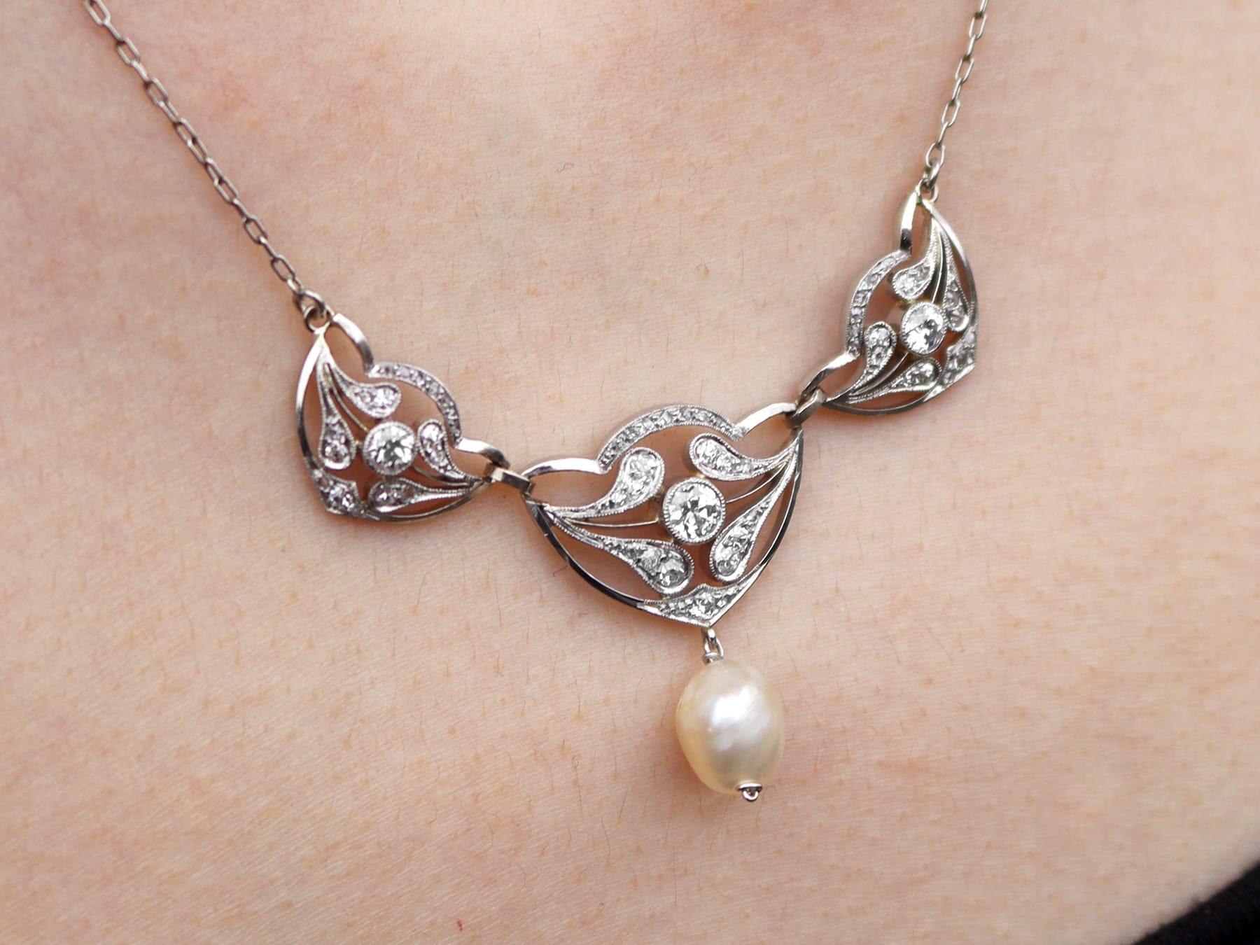 Antique Natural Pearl and 1.43 Carat Diamond Platinum Pendant Art Nouveau Style  For Sale 2