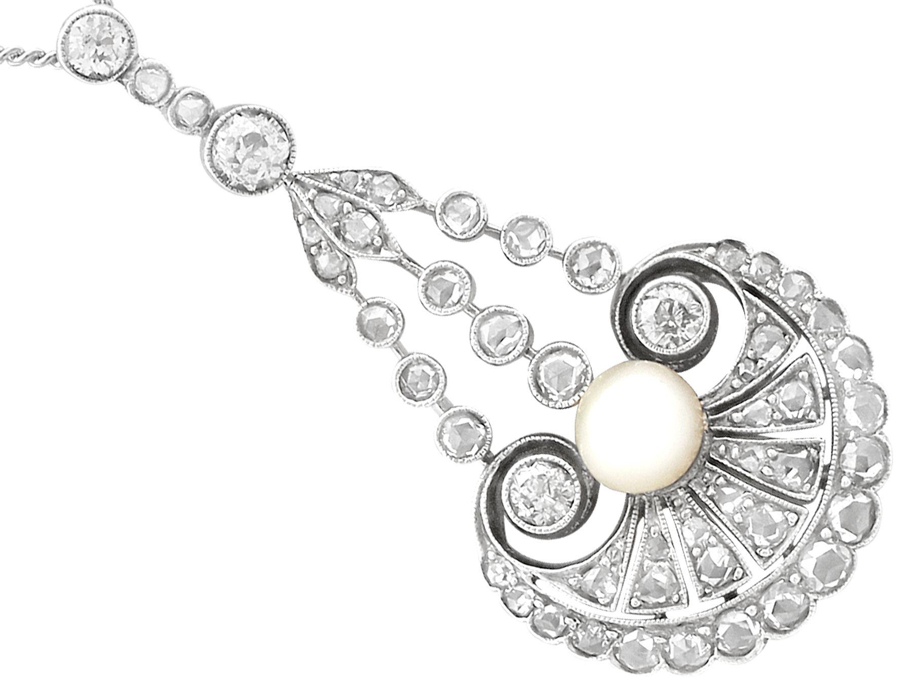 Art Deco Antique Natural Pearl and 1.48 Carat Diamond Yellow Gold Pendant For Sale