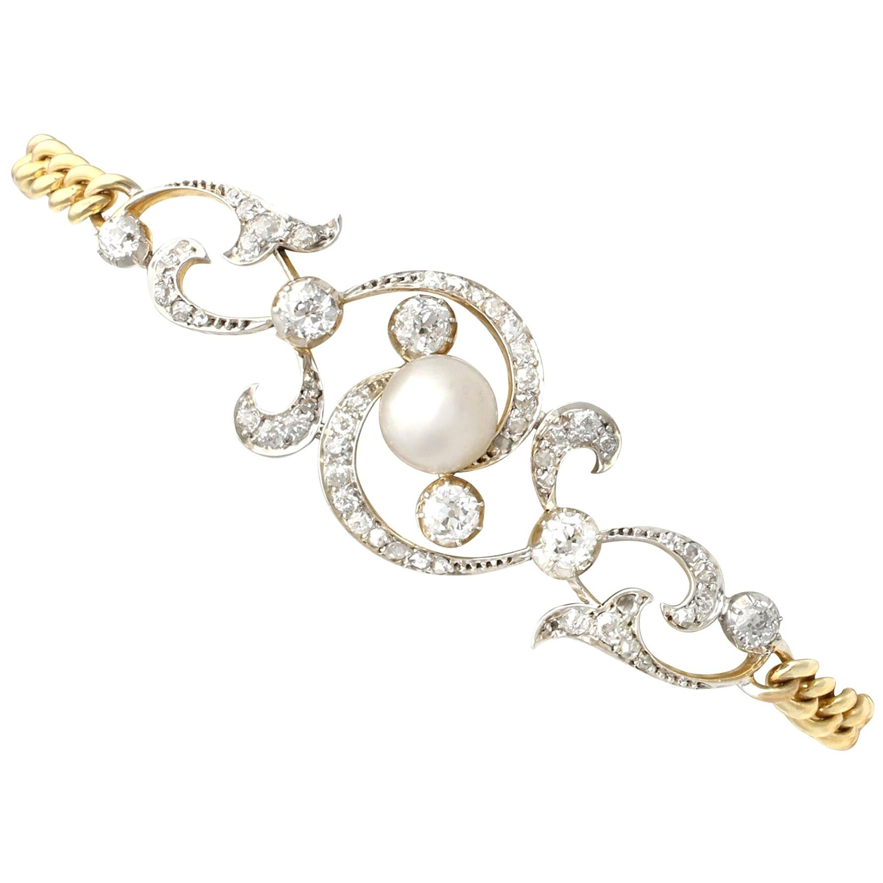 Antique Victorian Natural Pearl and 2.72 Carat Diamond Yellow Gold Bracelet For Sale