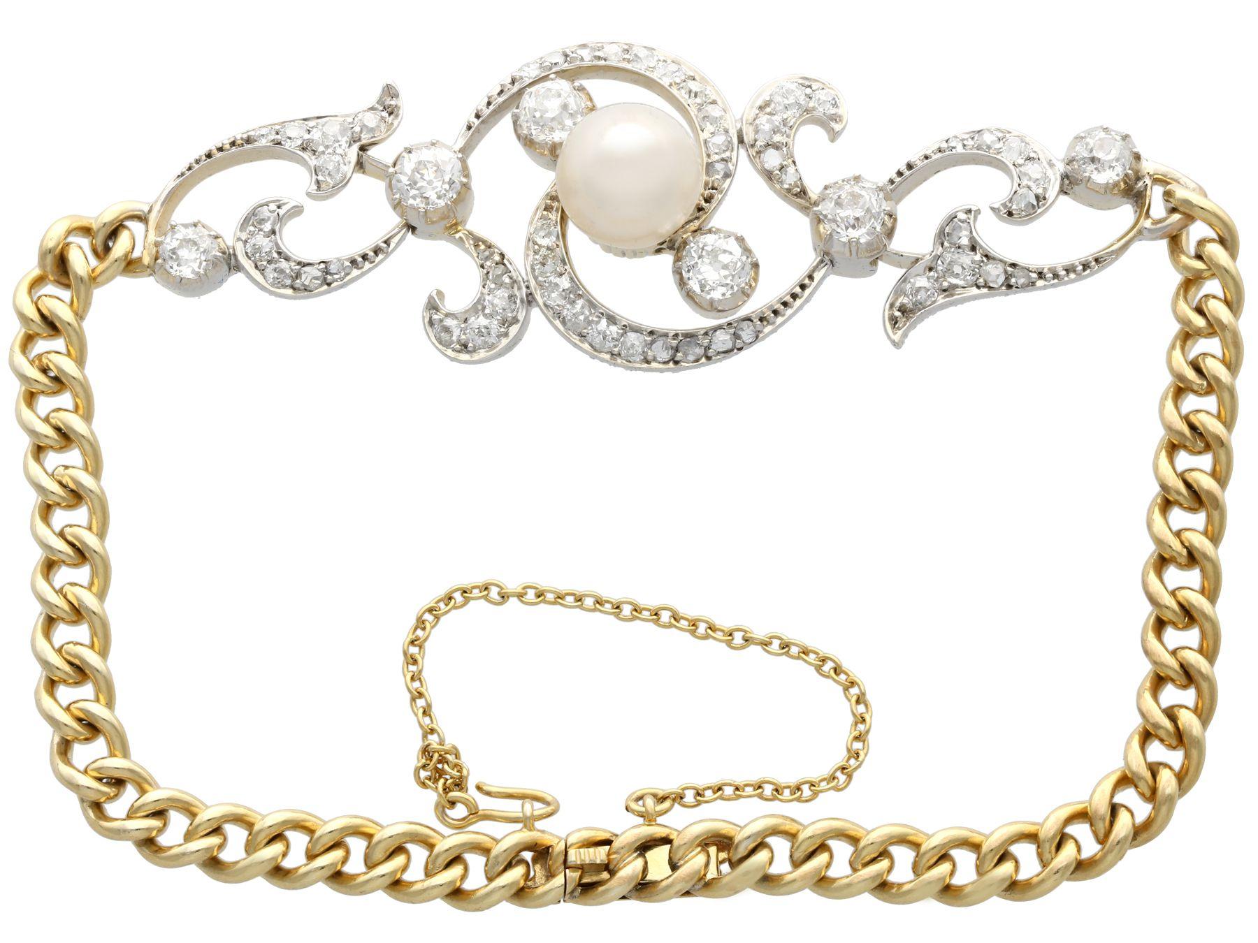 A stunning, fine and impressive antique Victorian natural saltwater pearl and 2.72 carat diamond, 15 karat yellow gold and silver set bracelet; part of our antique jewelry and estate jewelry collections.

This stunning, fine and impressive antique