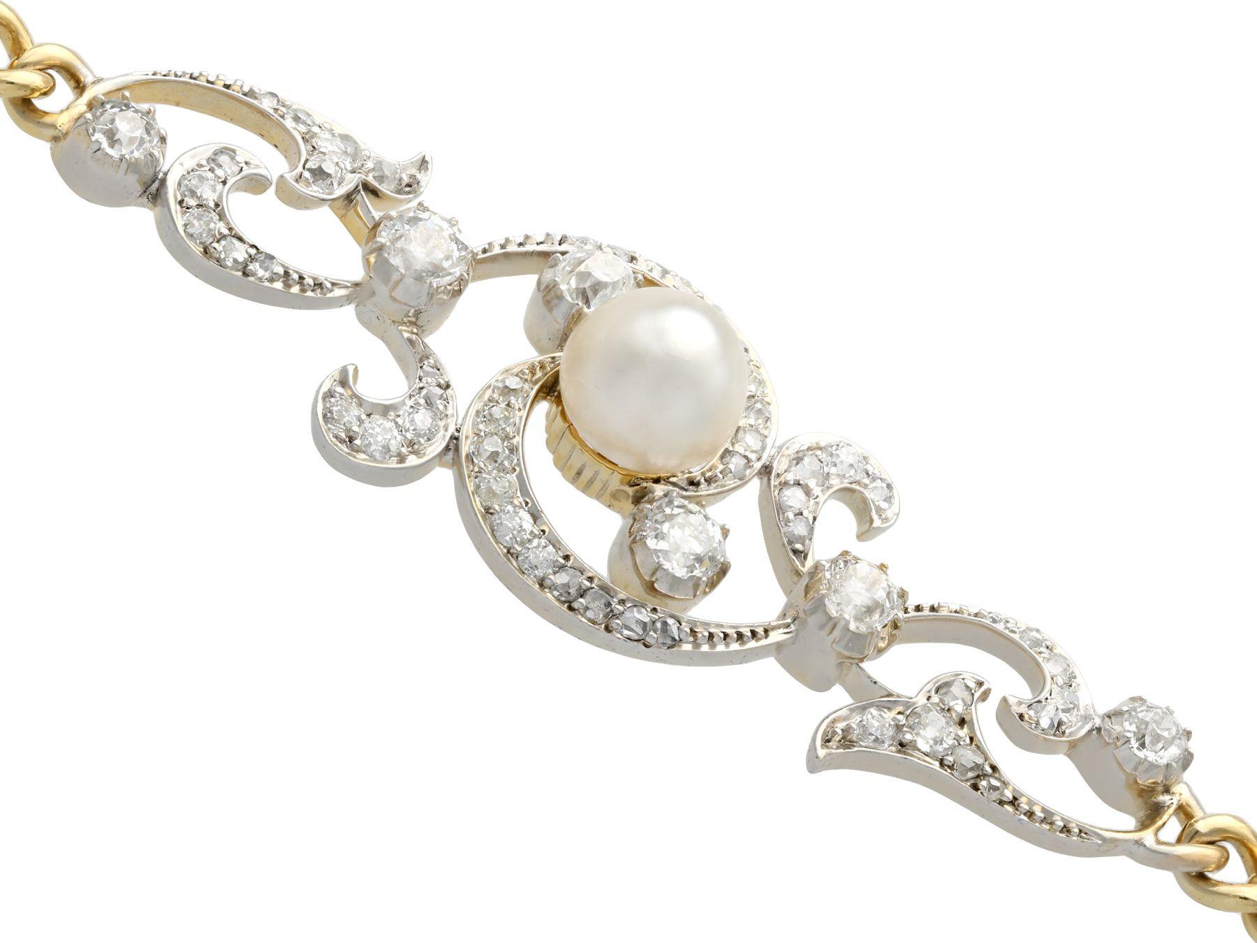 Old European Cut Antique Victorian Natural Pearl and 2.72 Carat Diamond Yellow Gold Bracelet For Sale