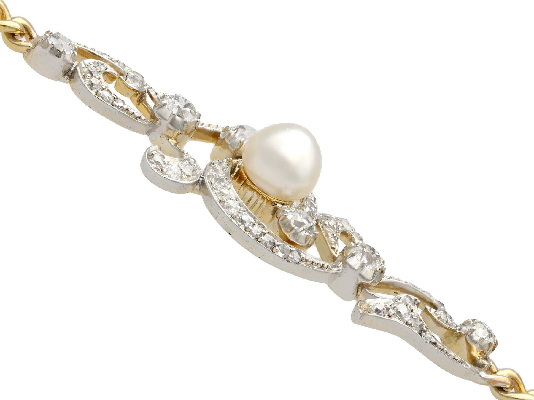 Women's Antique Victorian Natural Pearl and 2.72 Carat Diamond Yellow Gold Bracelet For Sale