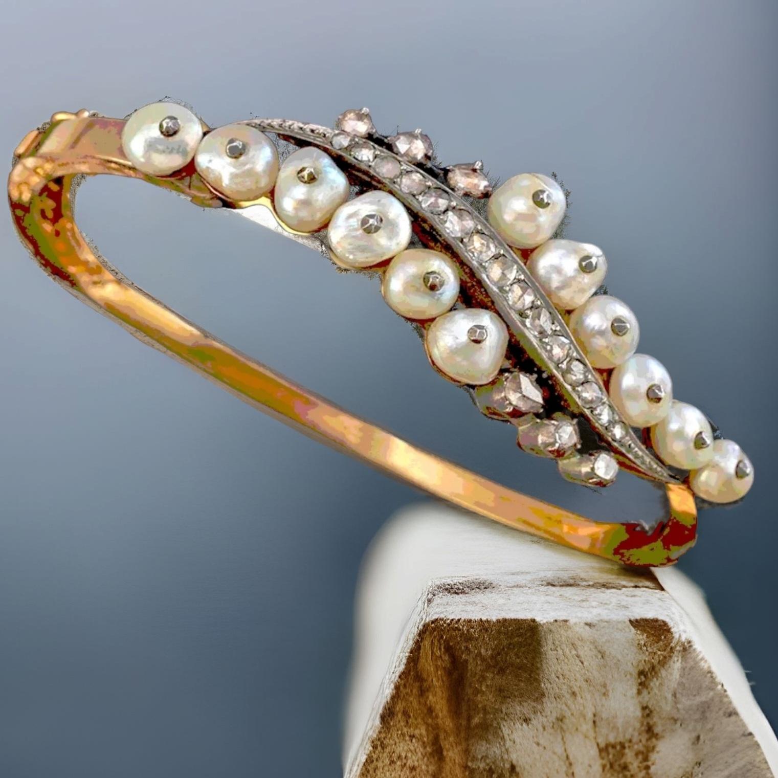 Rose Cut Antique Natural Pearl and Diamond Bangle Bracelet, Late Georgian (1830) For Sale