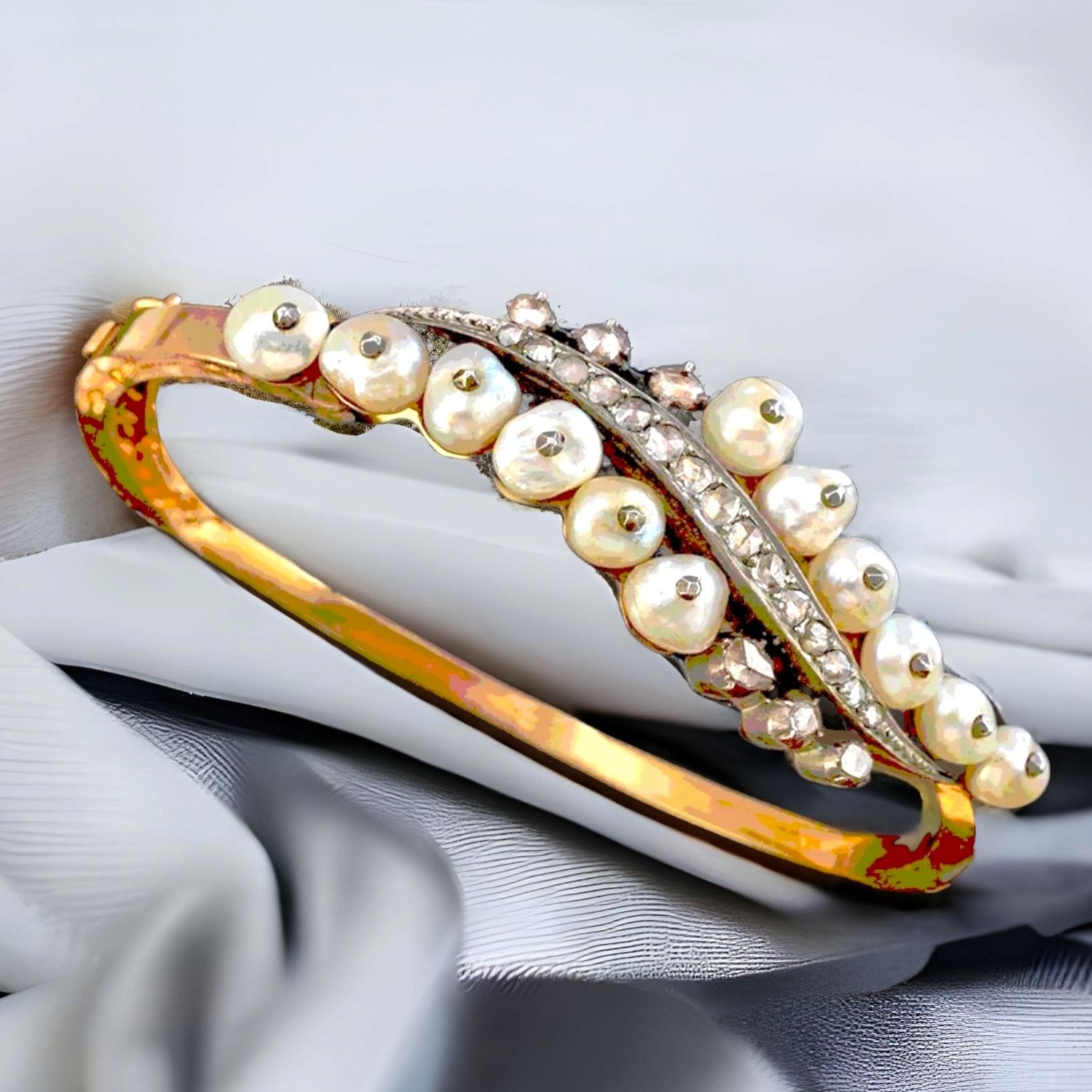 Natural Pearl and Diamond Bangle Bracelet, Georgian Period 1714-1837.
The term ‘Georgian’ refers to the English art and culture produced during this era. However, despite the name of the period referencing the English monarchy, historical events in