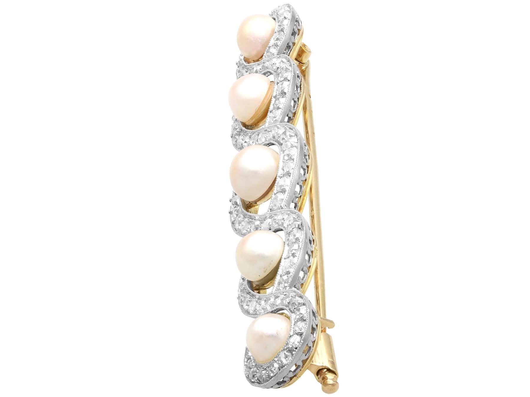 Old European Cut Antique Natural Pearl and Diamond Brooch in Yellow Gold and Platinum  For Sale