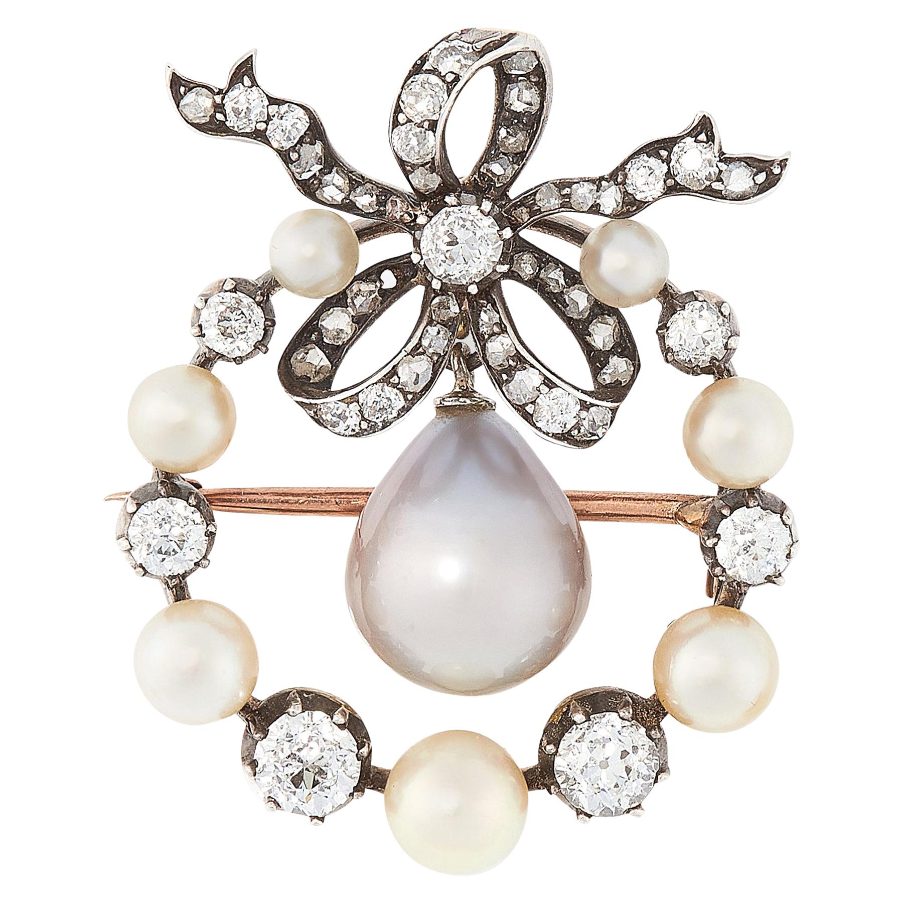 Antique Natural Pearl and Diamond Brooch Pendant For Sale