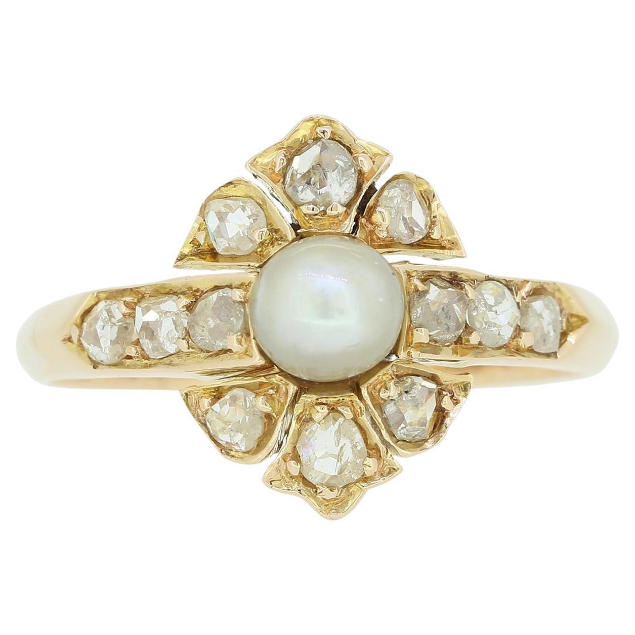 Antique Natural Pearl and Diamond Cluster Ring For Sale