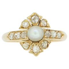 Used Natural Pearl and Diamond Cluster Ring