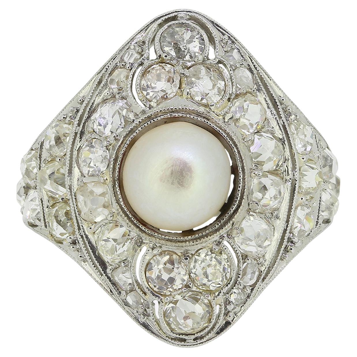 Antique Natural Pearl and Diamond Cluster Ring