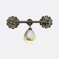 Antique Natural Pearl and Diamond Drop Bar Brooch