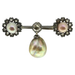 Antique Natural Pearl and Diamond Drop Bar Brooch