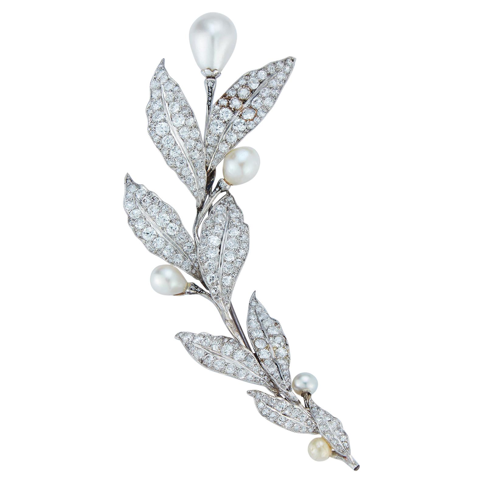 Belle Epoque Natural Pearl and Diamond Flower Brooch or Hairpiece
