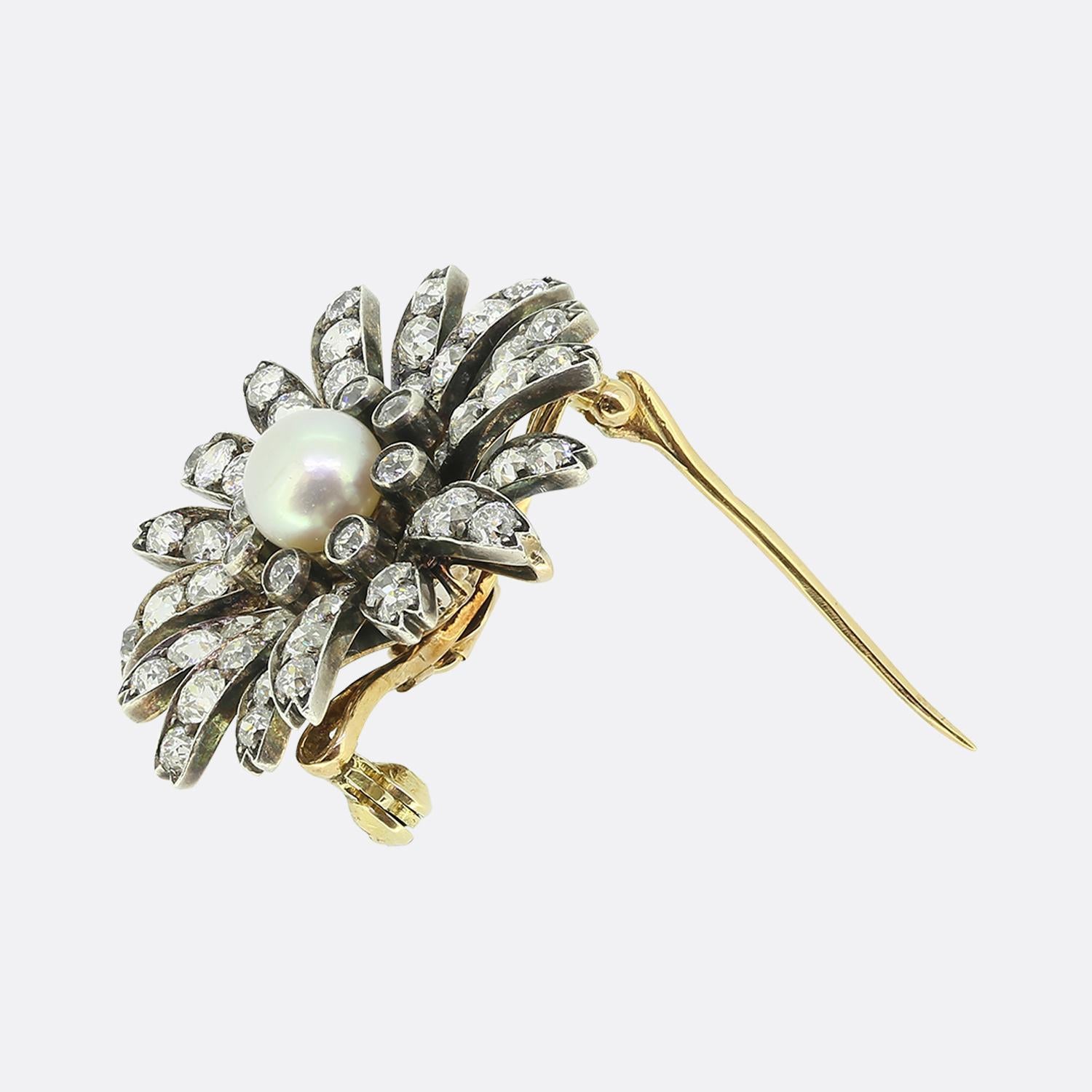 Victorian Antique Natural Pearl and Diamond Flower Pendant Brooch For Sale